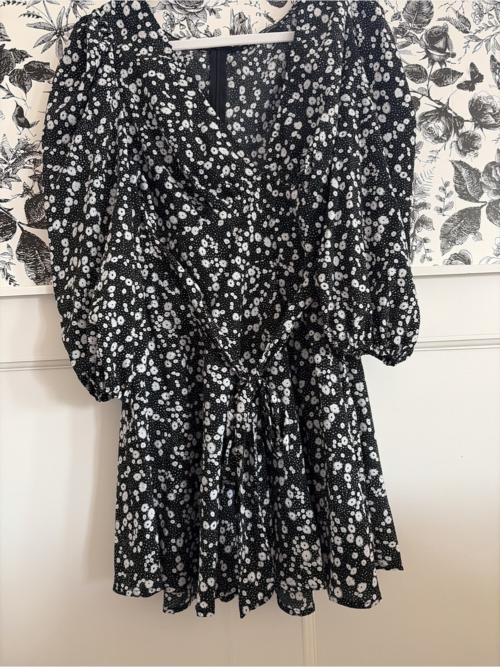 Black and White Floral Wrap Mini Dress